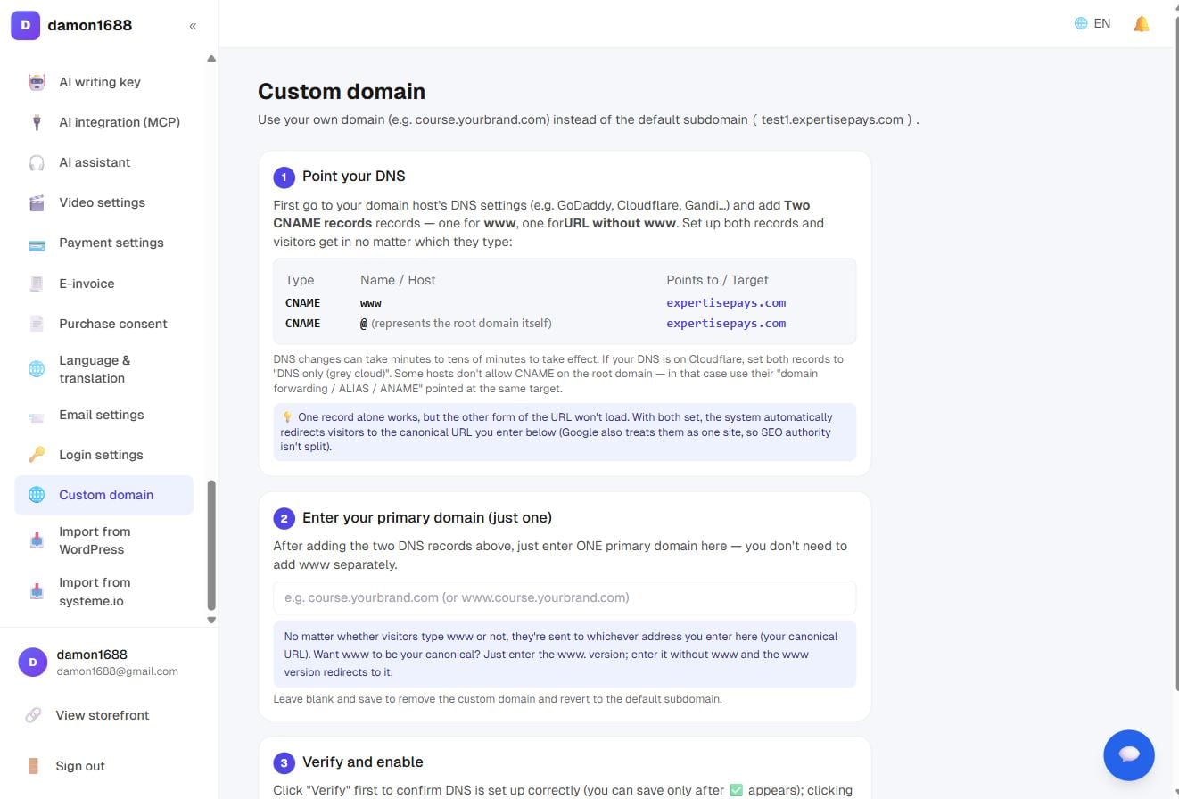 Custom domain settings: the two DNS records to create, then enter your canonical address and verify