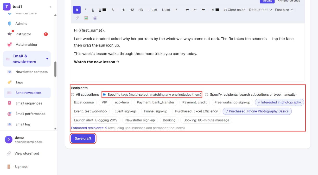 Specific tags, the estimated recipient count and "Save draft"