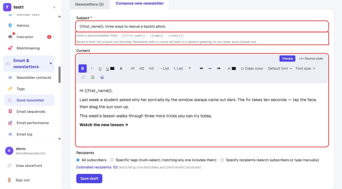 Subject, the personalisation fields and the content editor
