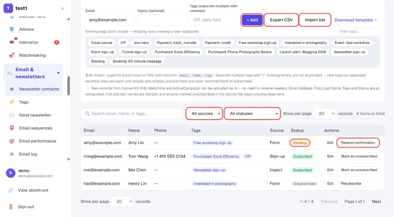 Email & newsletters → Newsletter contacts: add, export, import, the source and status filters, "Pending" and "Resend confirmation"