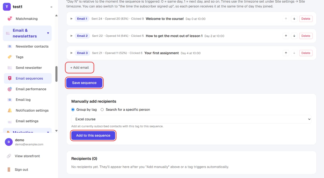 "+ Add email", "Save sequence" and "Add to this sequence"