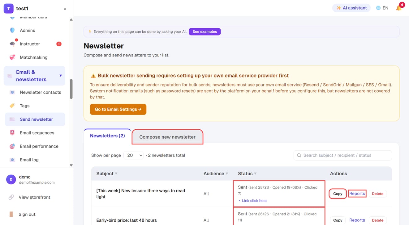Email & newsletters → Send newsletter: the "Compose new newsletter" tab, per-newsletter results, "Copy" and "Reports"