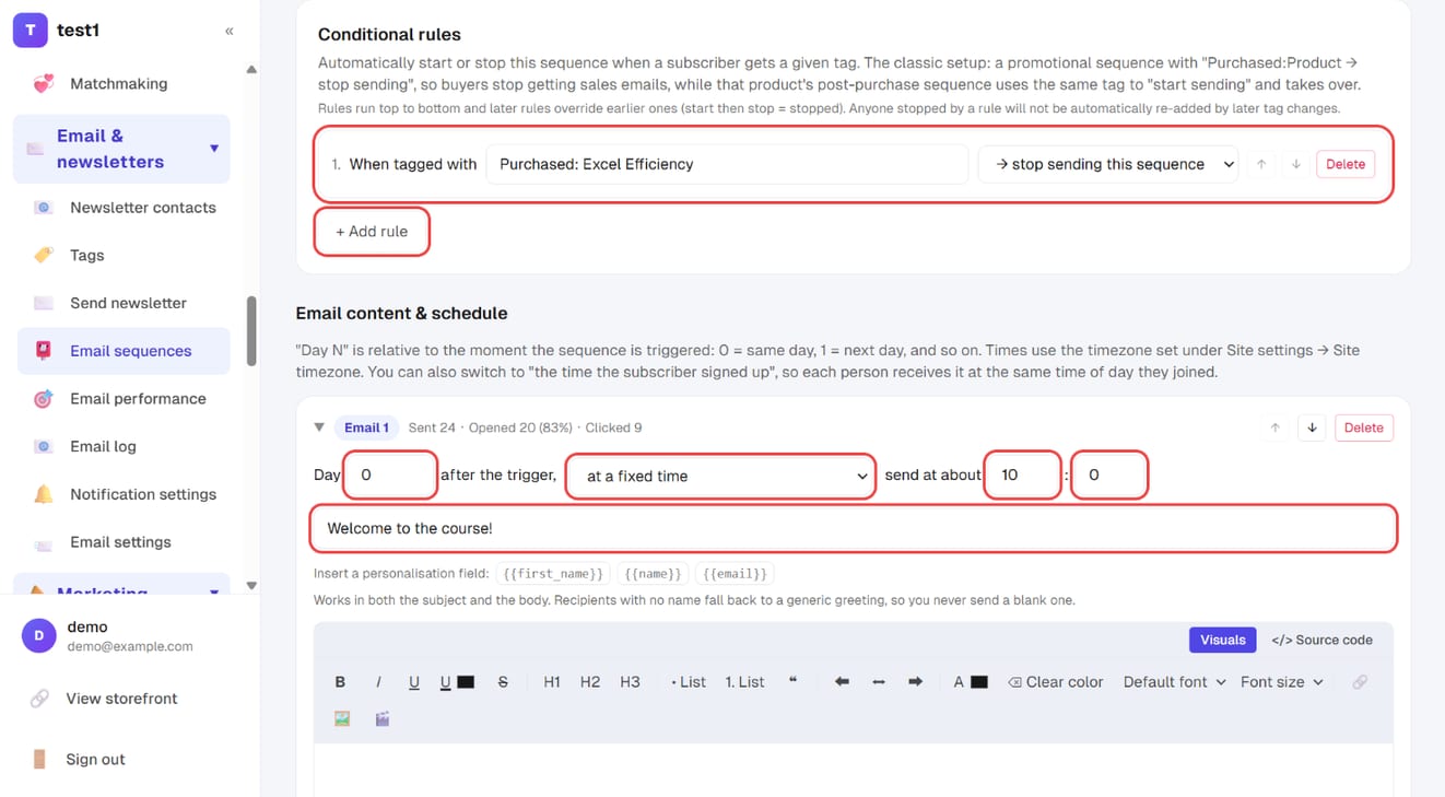 The "stop sending after purchase" rule, and email 1's day, time and subject