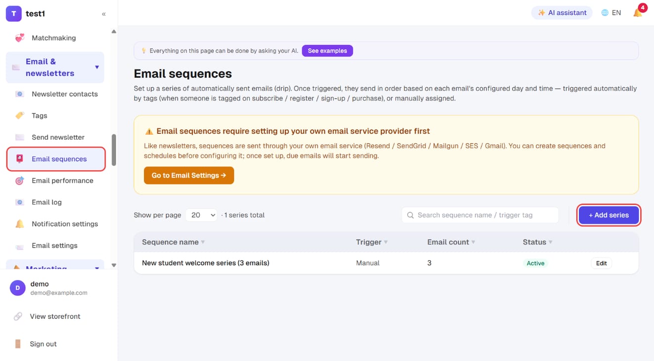 Email & newsletters → Email sequences, with "+ Add series"