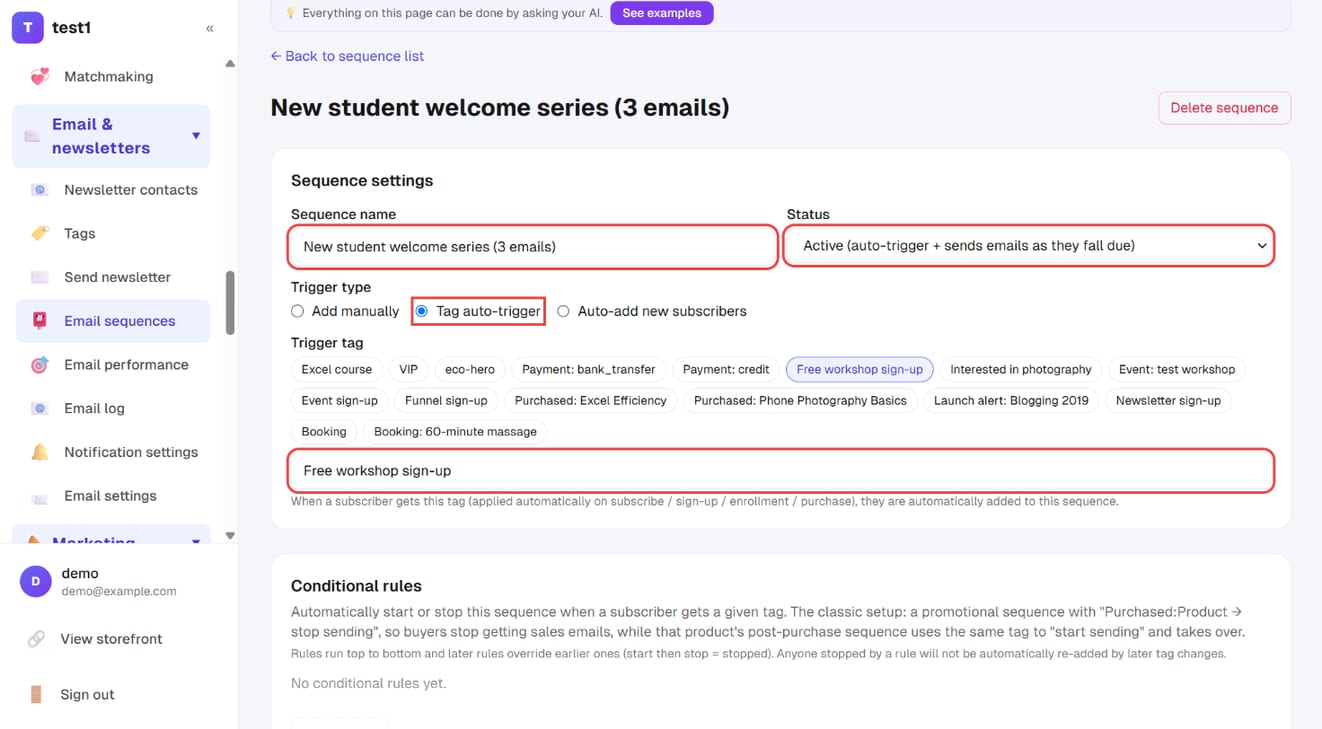 Sequence settings: name, status, trigger type set to "Tag auto-trigger" and the trigger tag