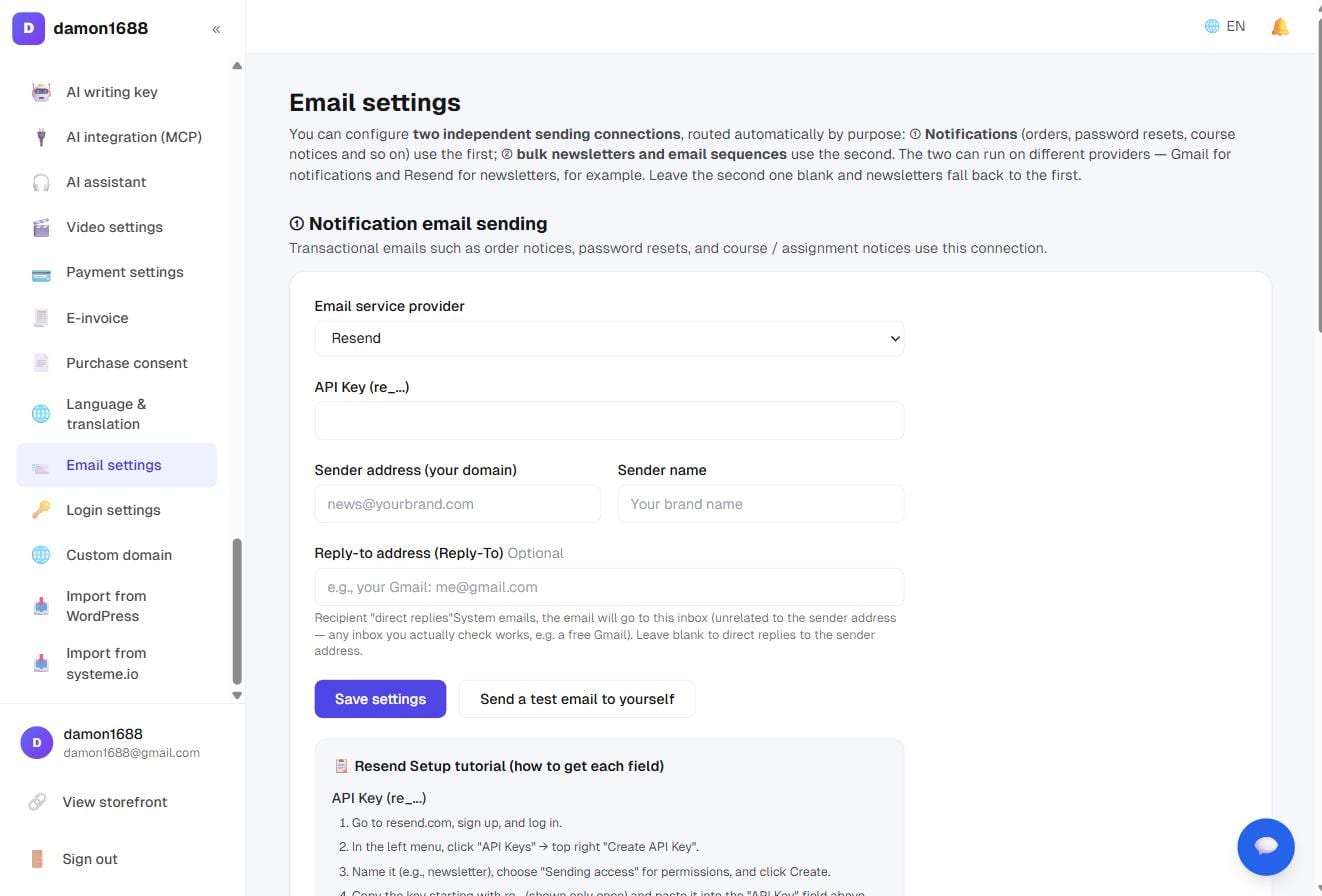 Email settings: two independent connections, with step-by-step instructions per provider