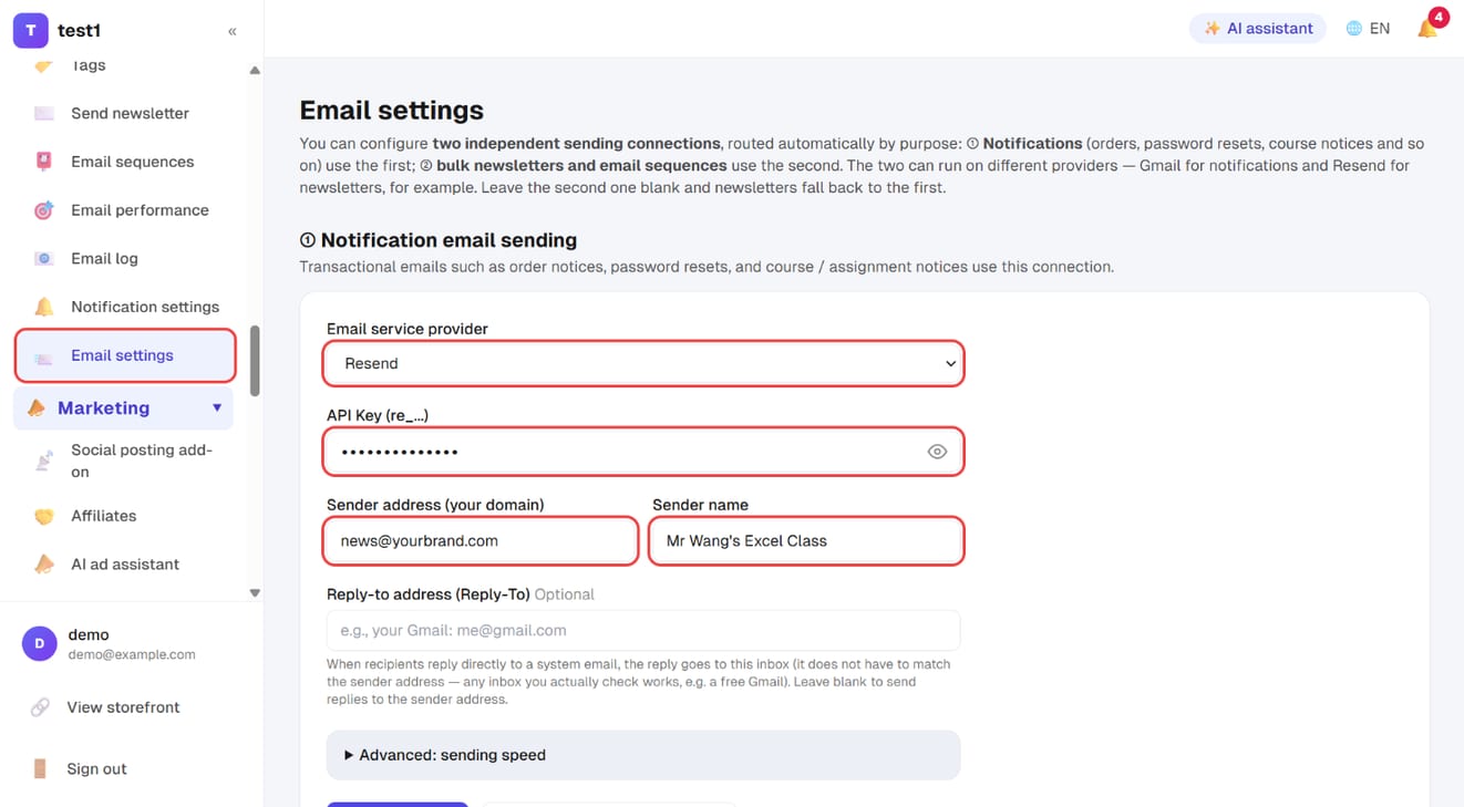 Email & newsletters → Email settings: provider, API key, sender address and sender name