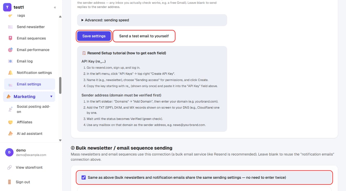 "Save settings", "Send a test email to yourself" and the provider setup tutorial; section ② has "Same as above" ticked by default