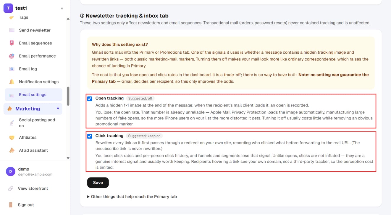 ③ Newsletter tracking & inbox tab: open tracking and click tracking