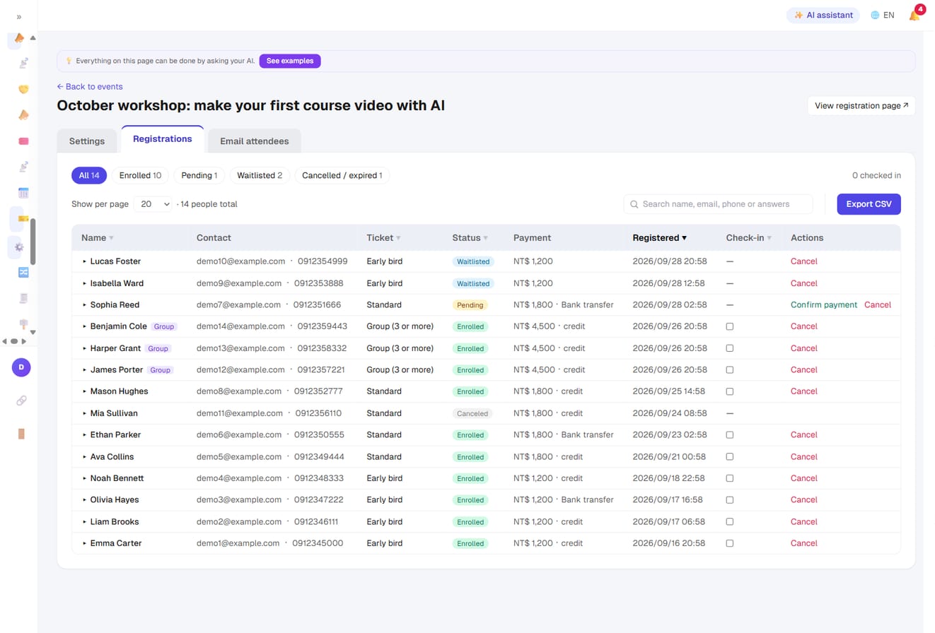 The attendee list: filter by enrolled, pending, waitlisted and more; each confirmed attendee has a check-in box, and bank-transfer registrations have a Confirm payment button