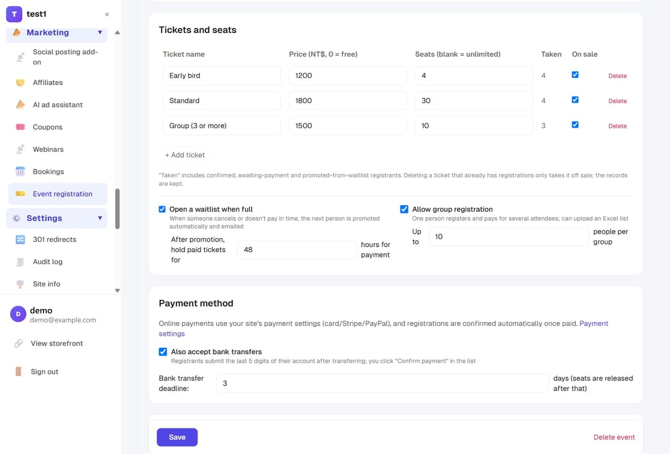 The Tickets and seats section: early bird, standard and group tickets with their own price and capacity, and the waitlist and group registration switches underneath