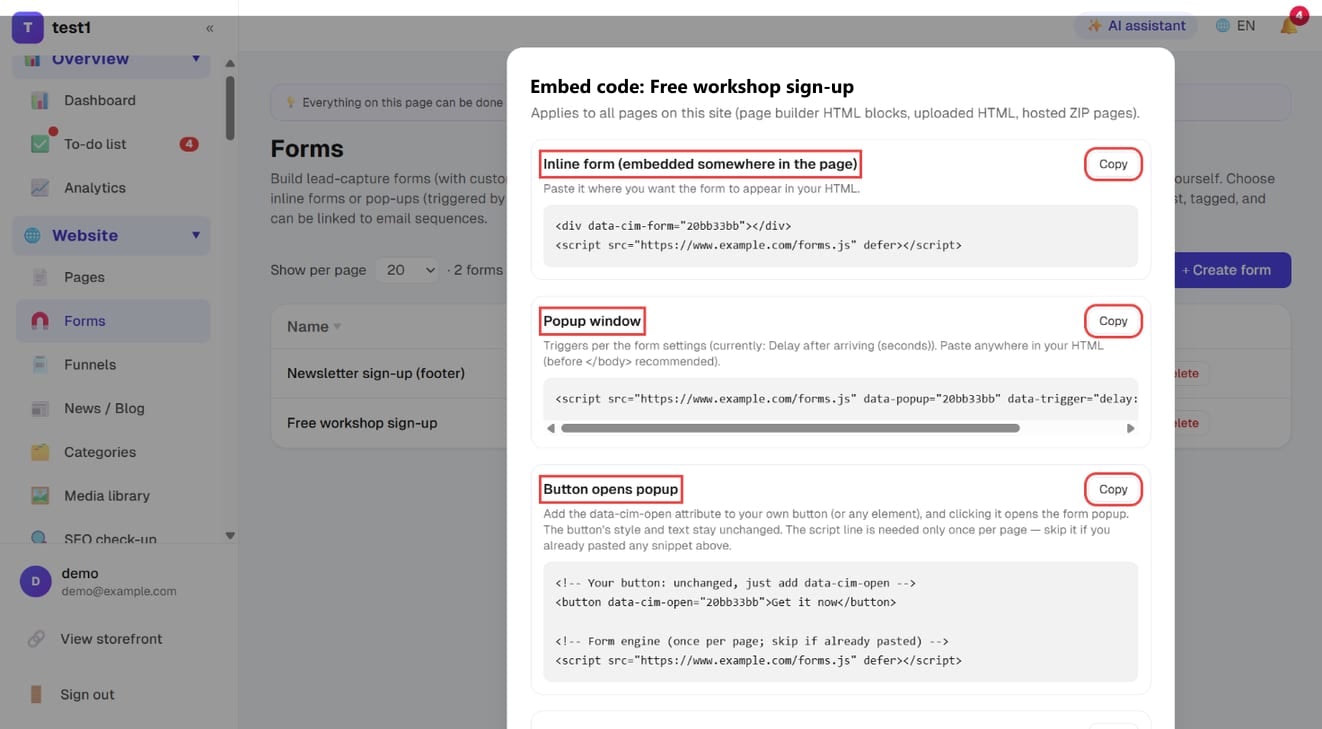 The "Embed code" dialog: inline form, popup window and button-opens-popup snippets, each with "Copy"