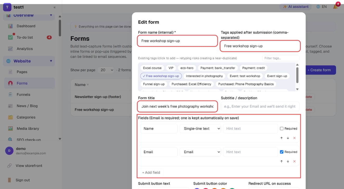 Edit form: form name, tags applied after submission, form title and fields