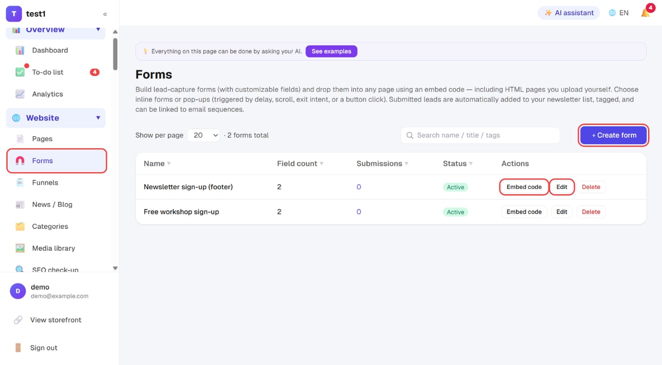 Website → Forms: "+ Create form" and each form's "Embed code"
