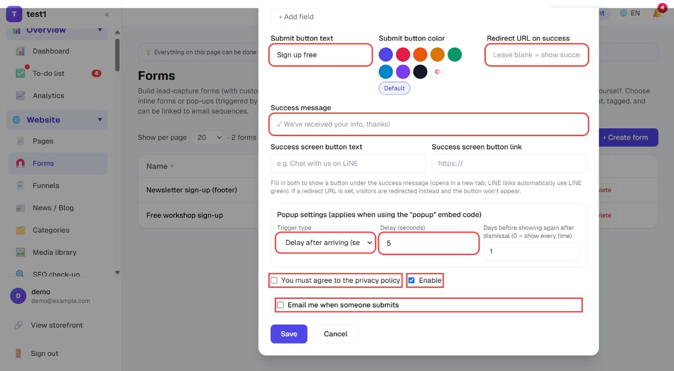 Submit button, redirect on success, success message, popup settings, consent, enable and notifications