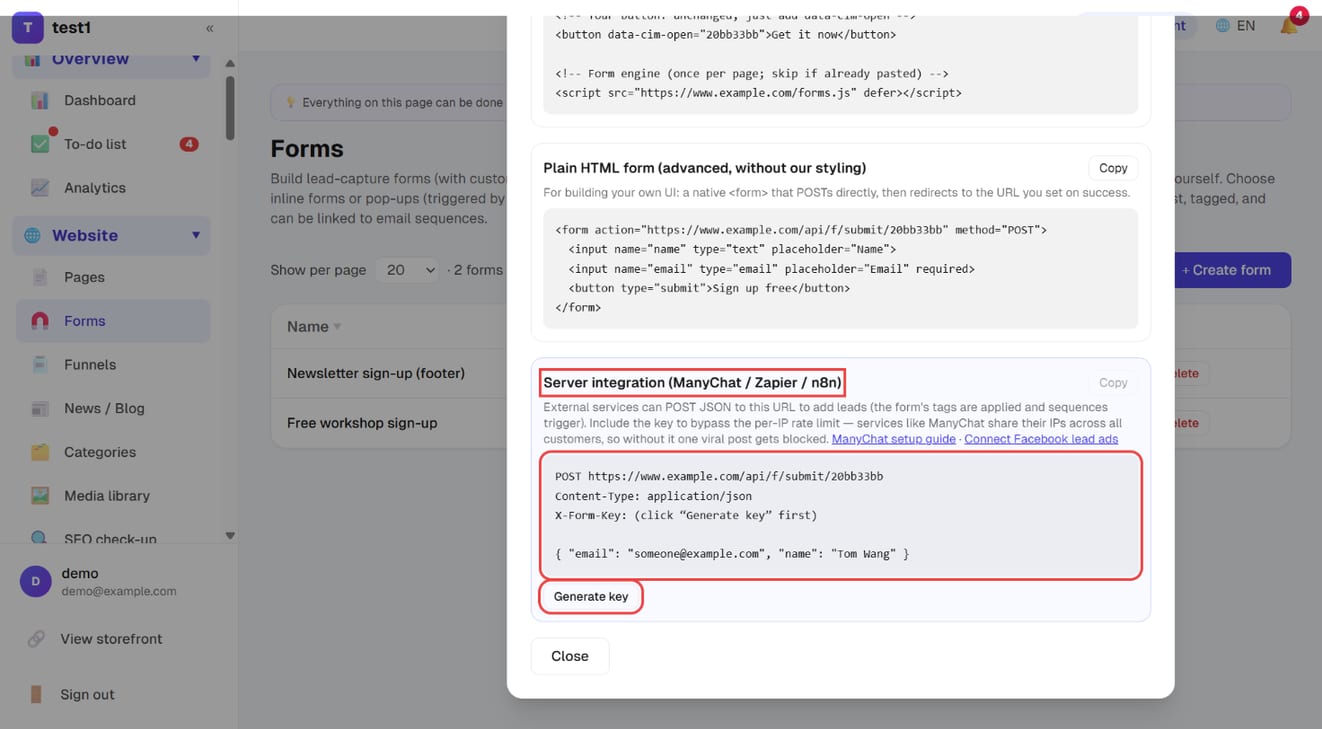 "Server integration" at the bottom of the Embed code dialog: the submit URL, X-Form-Key and "Generate key"