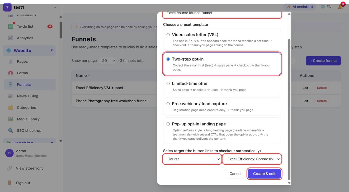 Create funnel: funnel name, preset template, sales target and "Create & edit"