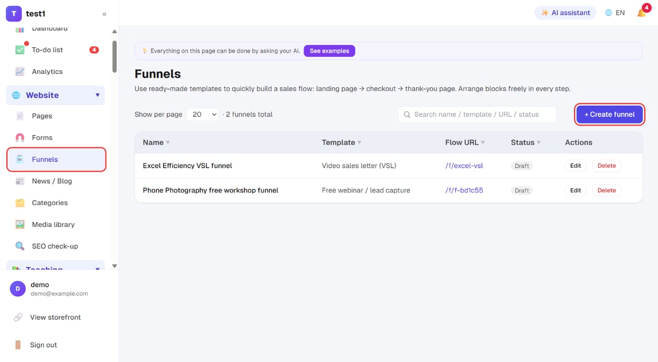 Website → Funnels: the funnel list and "+ Create funnel"