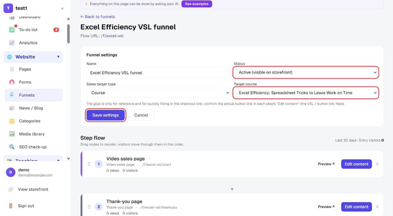 Funnel settings: status set to Active, the target course and "Save settings"