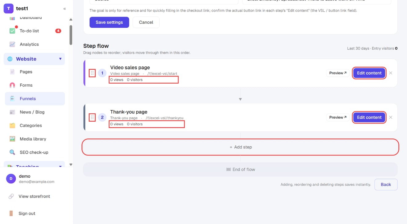 Step flow: drag to reorder, views and visitors per step, "Edit content" and "+ Add step"