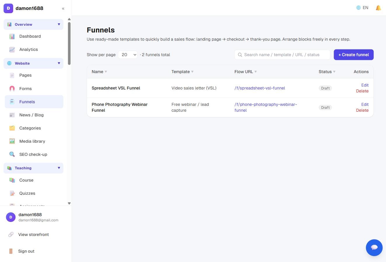 The funnel list: which template each uses, its flow URL and status