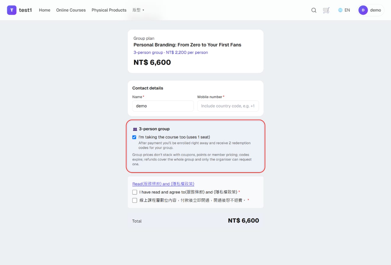 Group checkout: the group-plan label, the "I'm taking the course too" checkbox, notes and payment methods