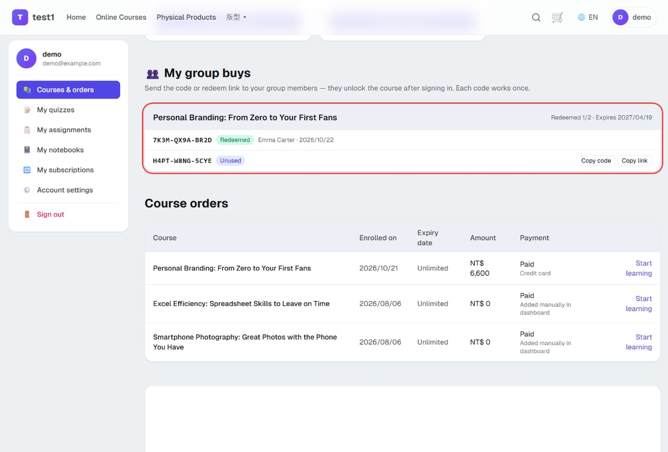 Student dashboard "My group buys": one code redeemed, one unused with copy buttons