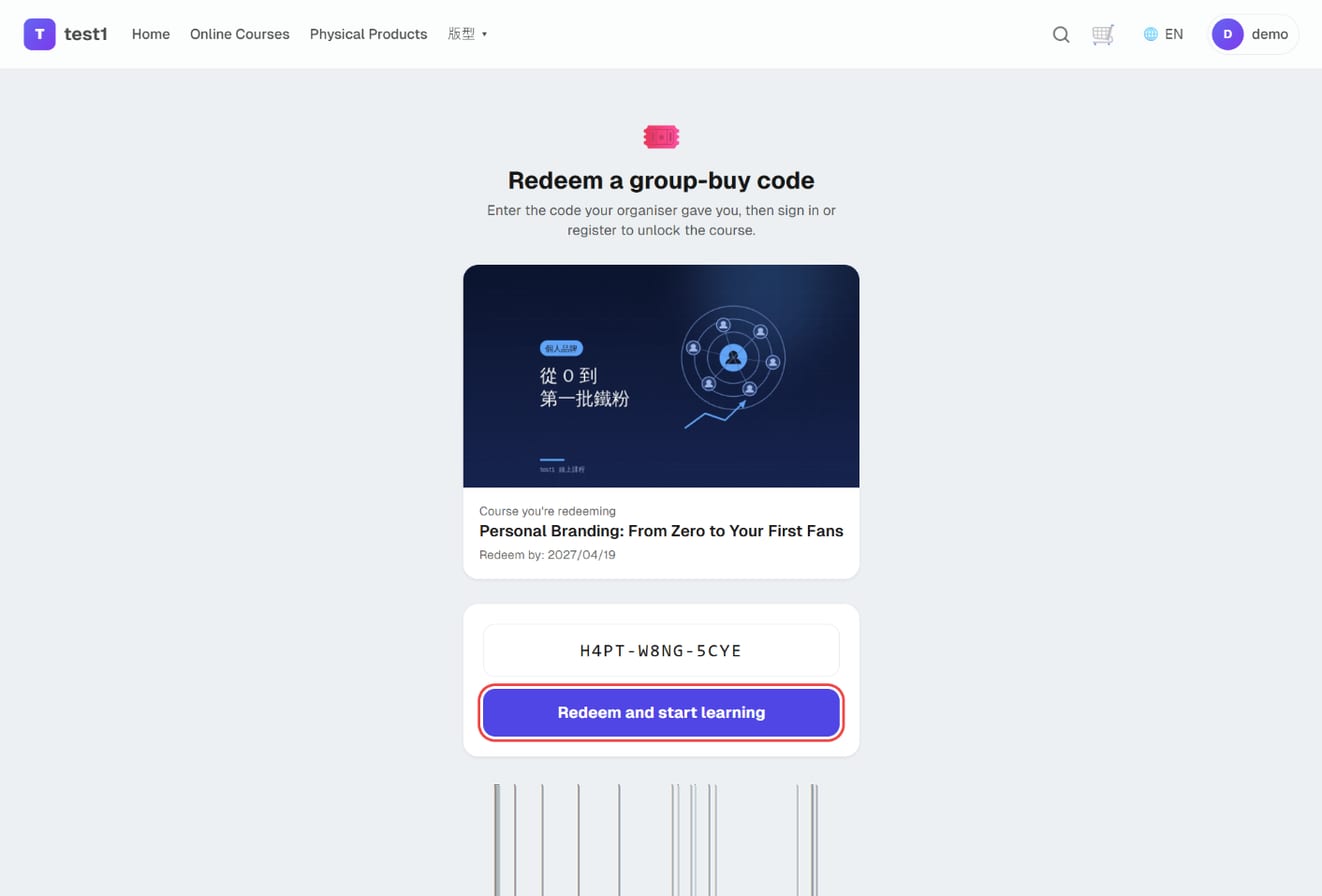 The /redeem page: course info, code field and the "Redeem and start learning" button
