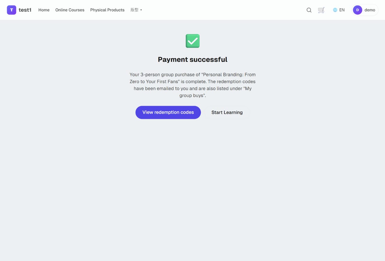 Group payment success page: "the redemption codes have been emailed to you" and a "View redemption codes" button