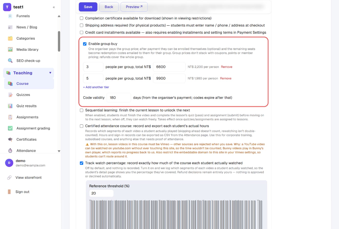The "Enable group buy" block on the course editor: two tiers (3 people 6,600 and 5 people 9,900) and 180-day code validity
