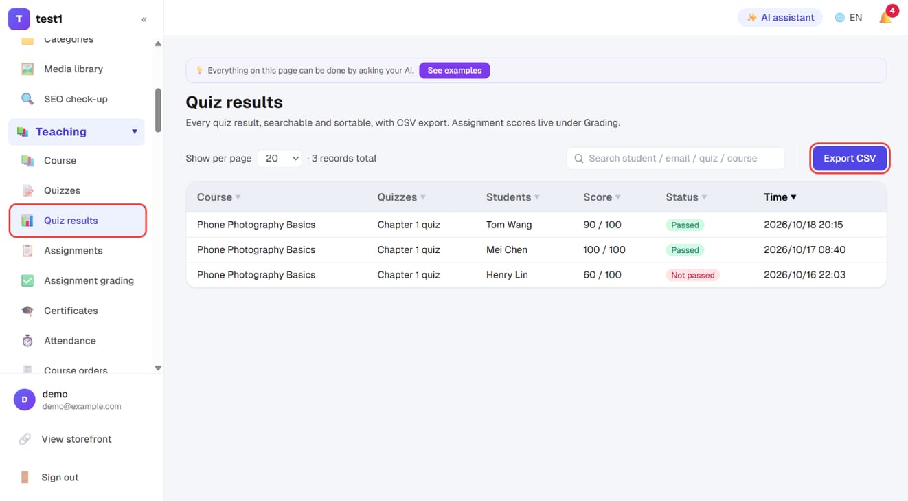 Teaching → Quiz results, with "Export CSV"
