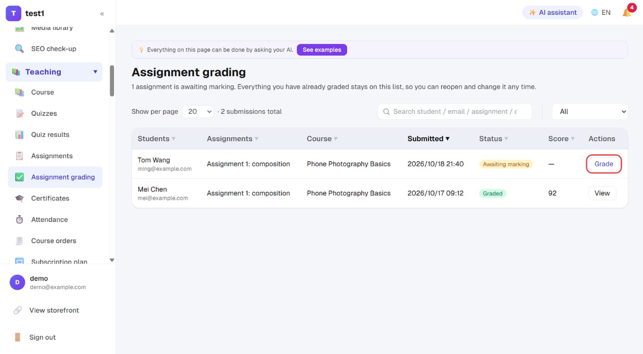 Teaching → Assignment grading: click "Grade" on the row awaiting marking