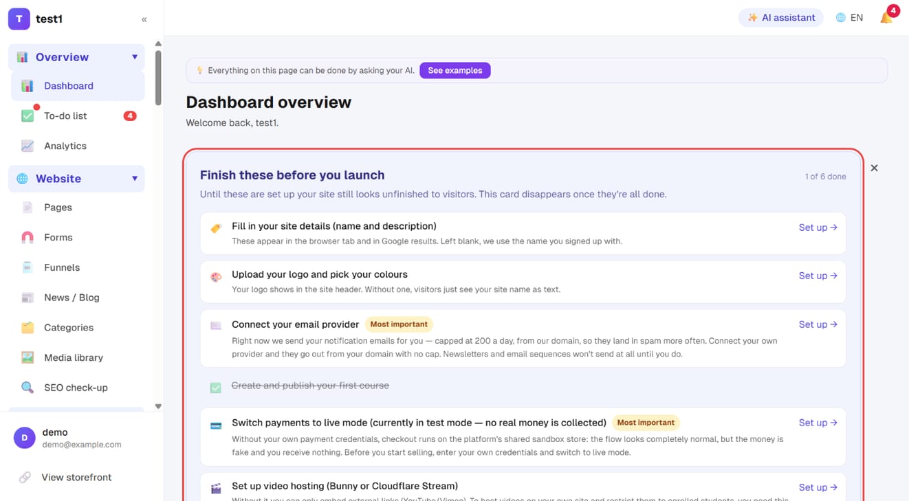 The "Finish these before you launch" checklist at the top of the dashboard overview