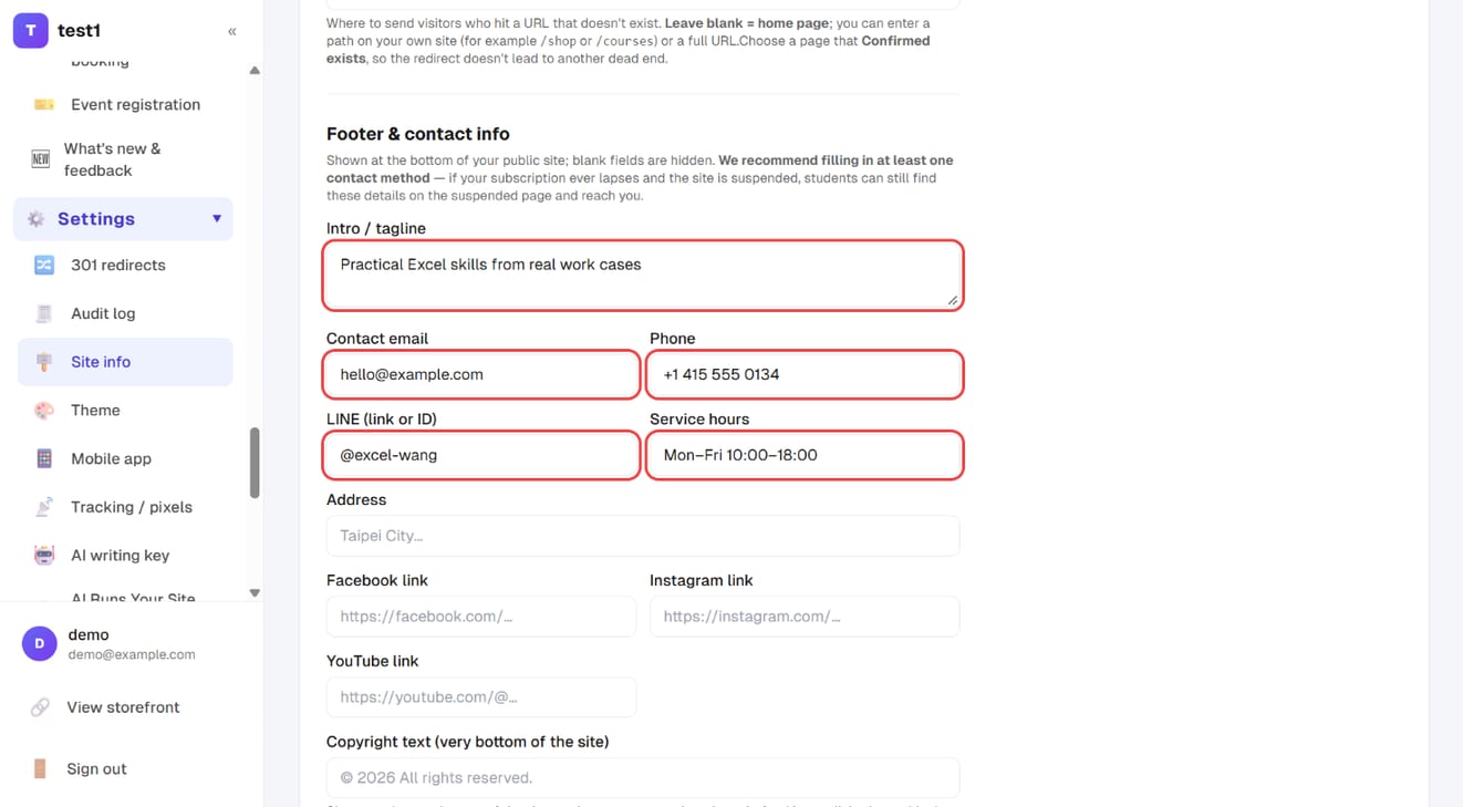 Footer & contact info: tagline, contact email, phone, LINE and service hours