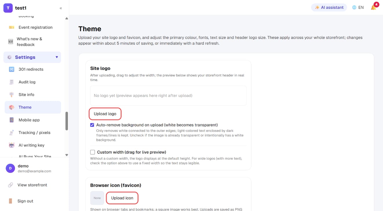 Settings → Theme: upload your logo and browser icon