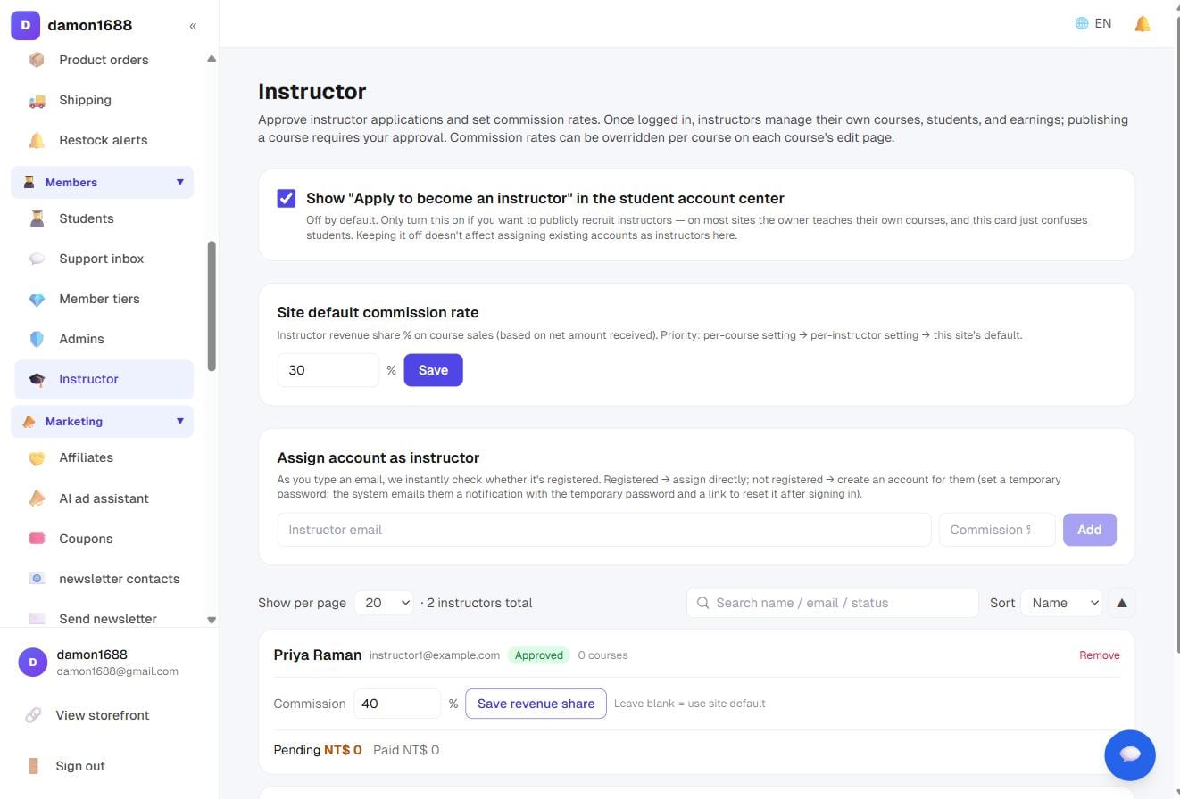 The instructor list: status, course count, revenue share and pending payout
