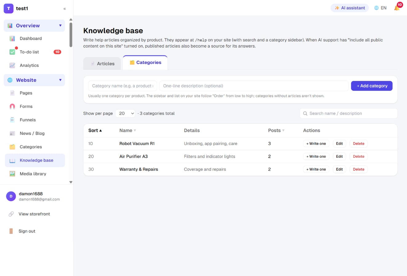 Knowledge base → Categories: add a category, sort order, article count and "+ Write one"