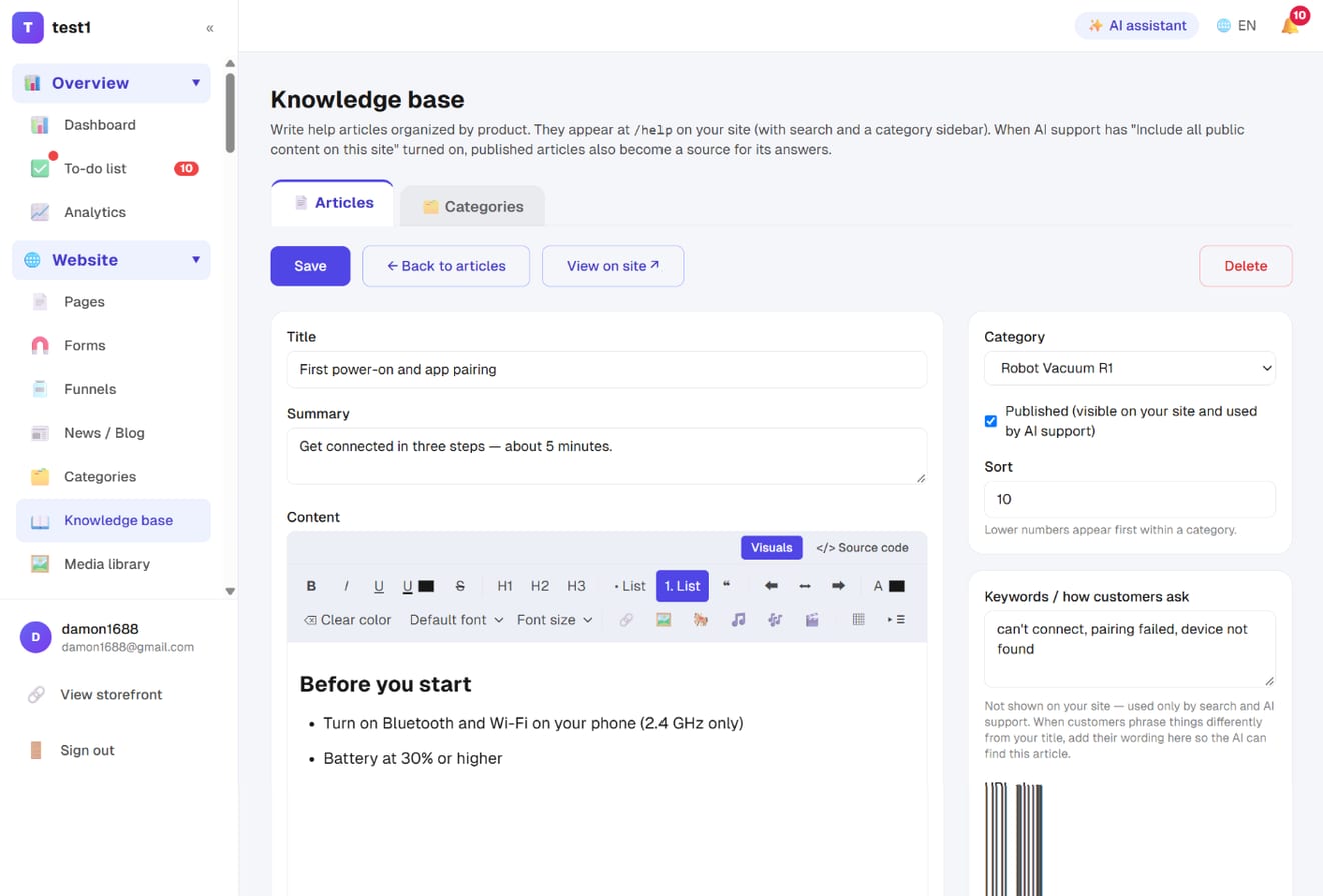 Article editor: title, summary, content, category, published, keywords / how customers ask, URL slug