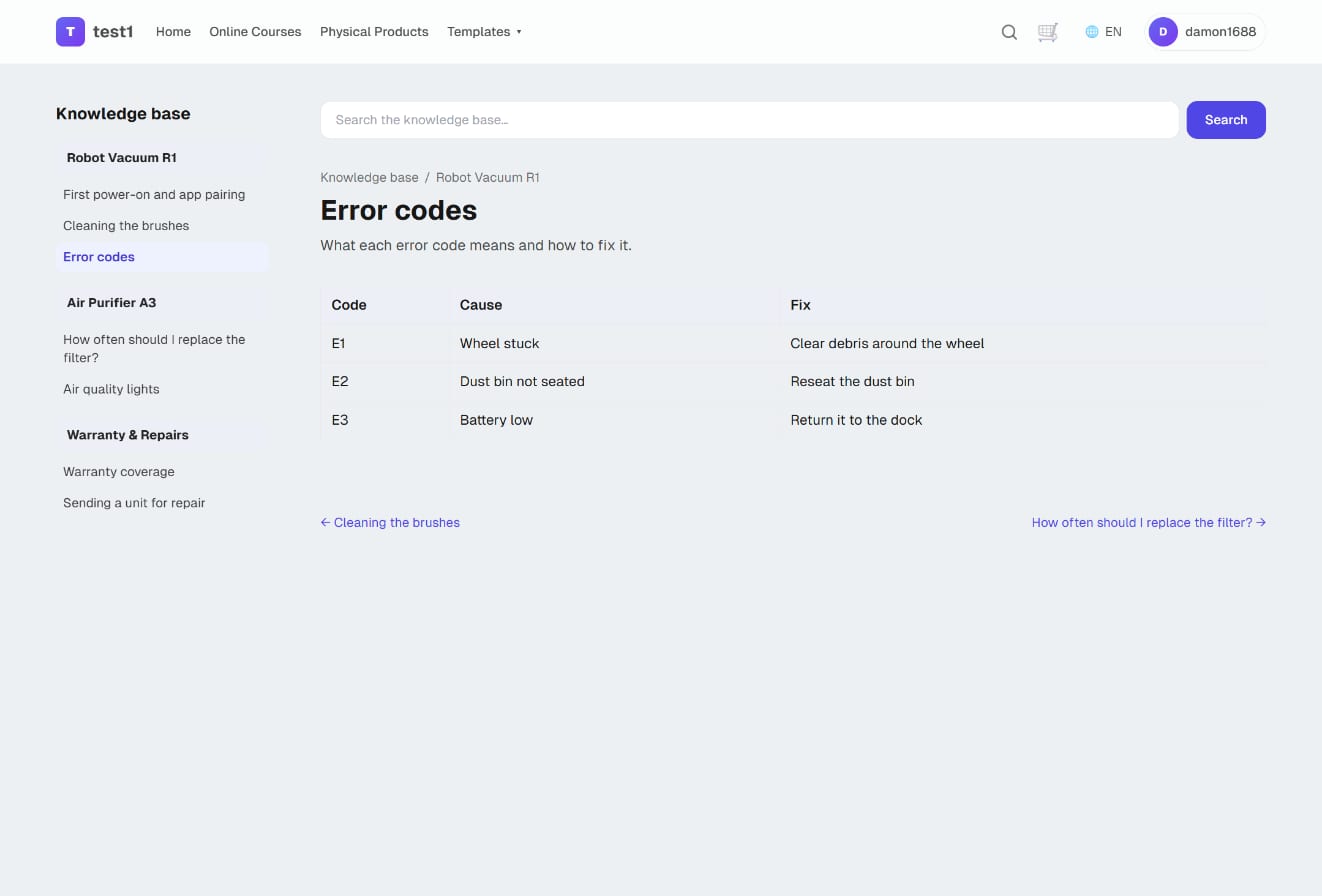 An article on your site: category sidebar, breadcrumb, content and previous / next