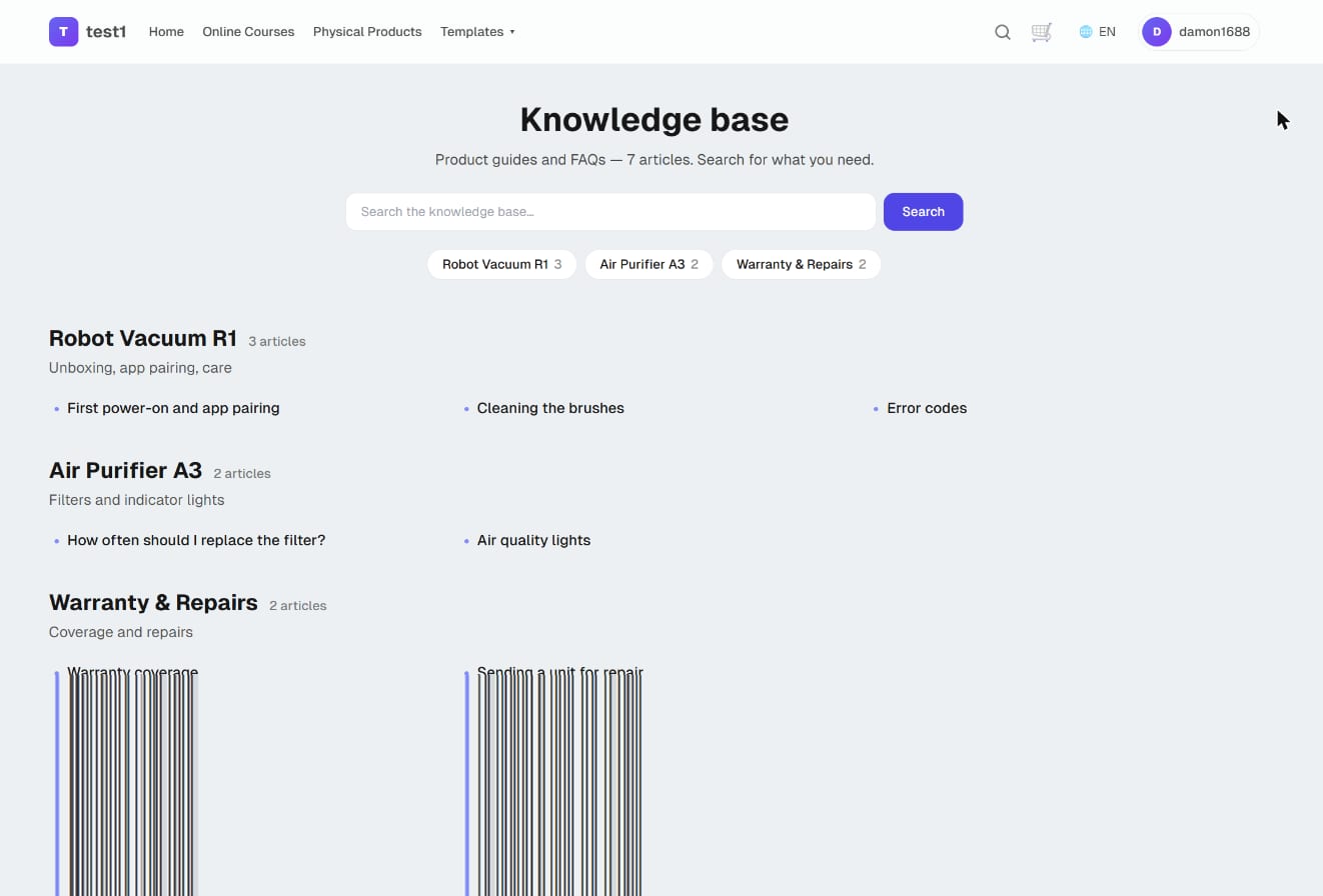 /help on your site: search, category shortcuts and the articles in each category