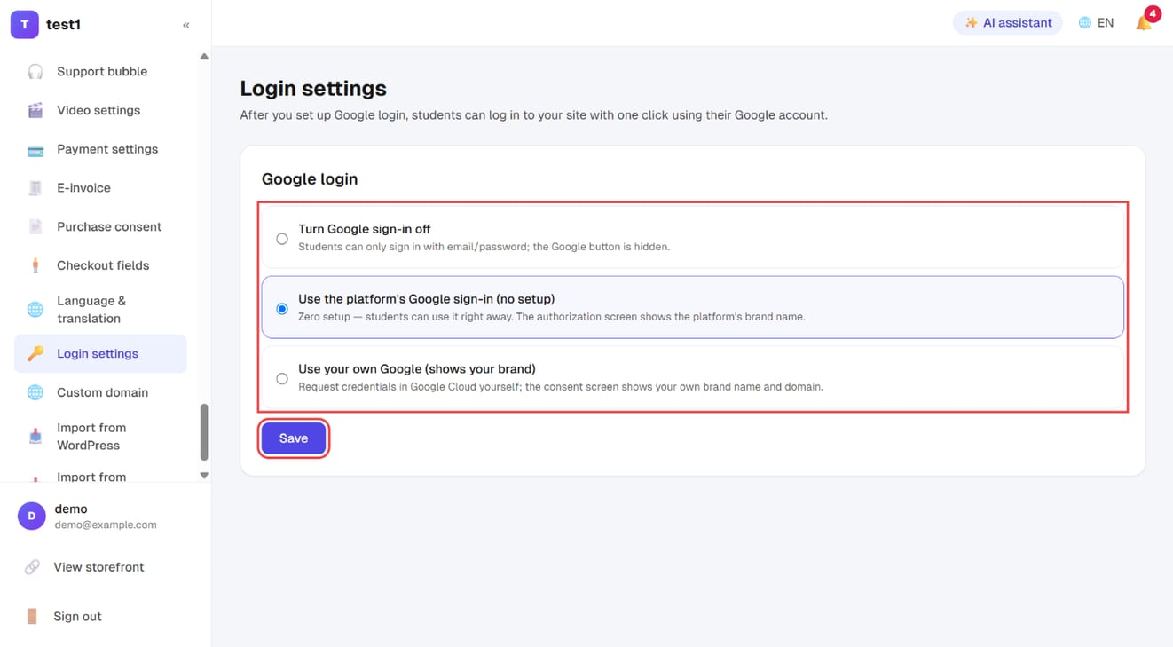 Settings → Login settings: the three Google sign-in options and "Save"
