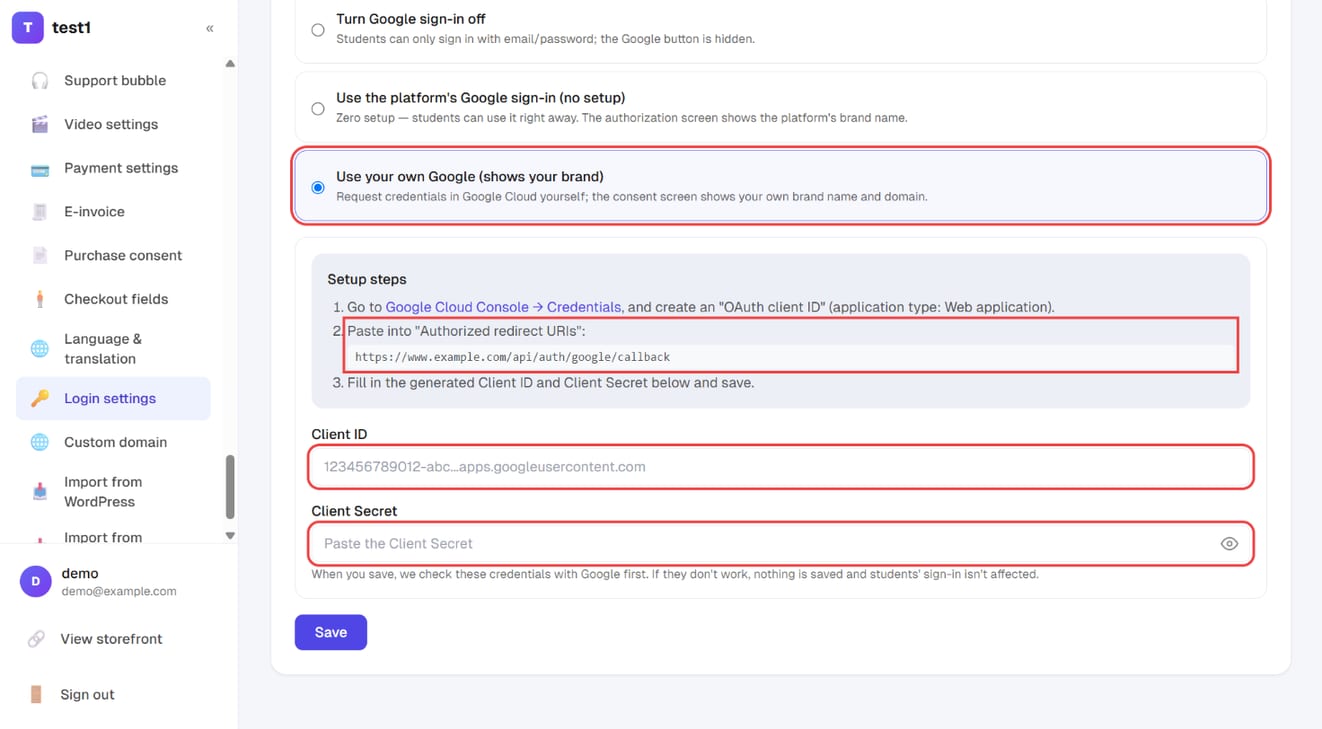 "Use your own Google": setup steps, the redirect URI to register, Client ID and Client Secret