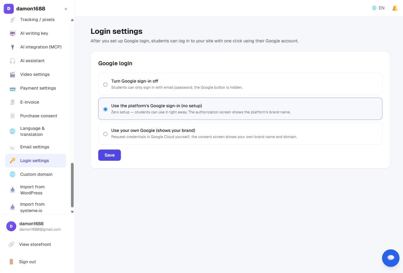 Login settings: three Google sign-in options; picking your own expands the setup steps and the redirect URI to register