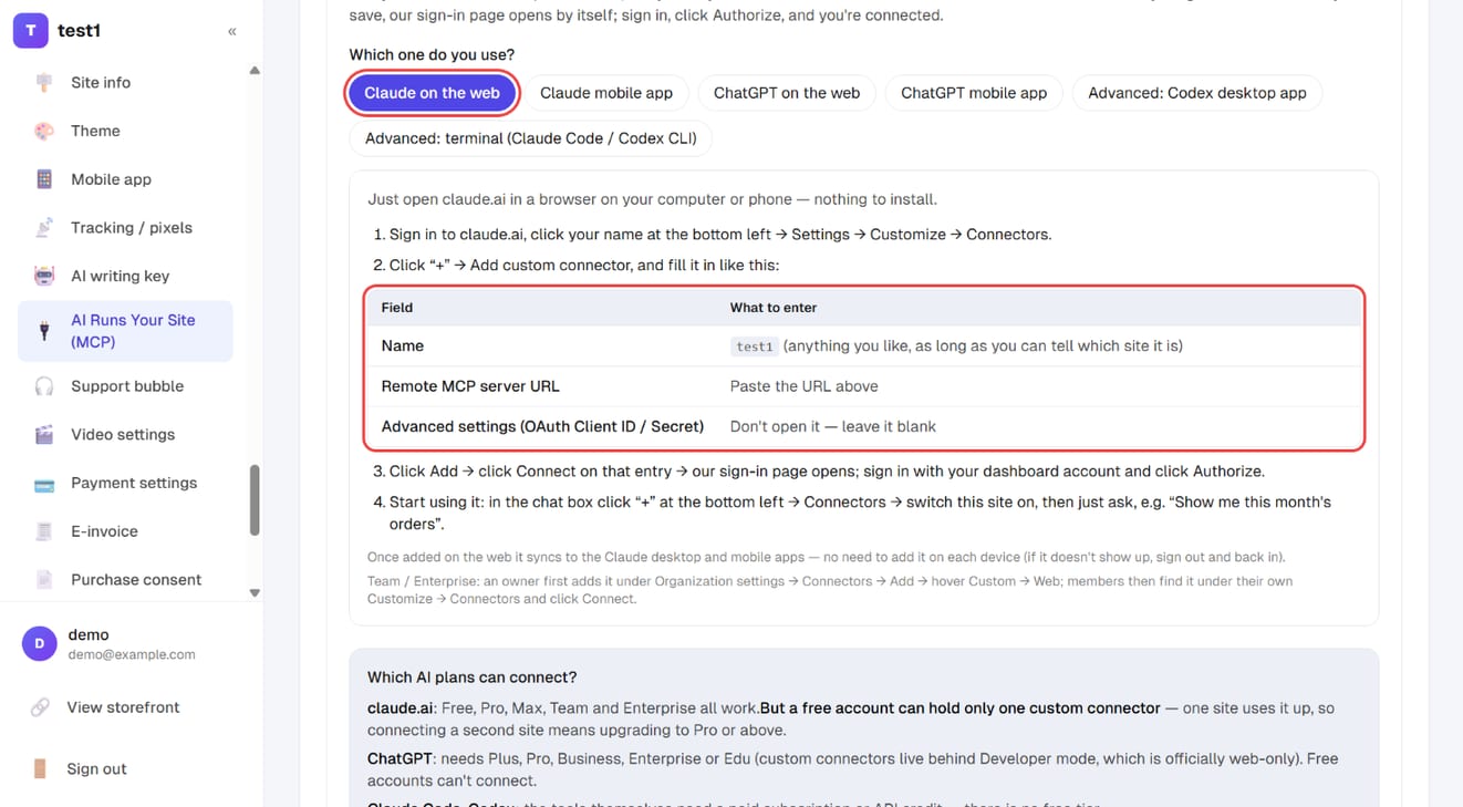 "Which one do you use?" with Claude on the web selected, and the field-by-field table below