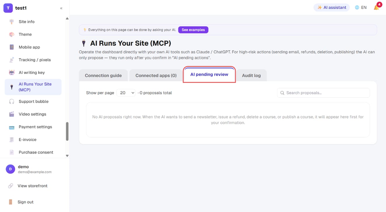 The "AI pending review" tab: the AI's high-risk proposals wait here for your confirmation