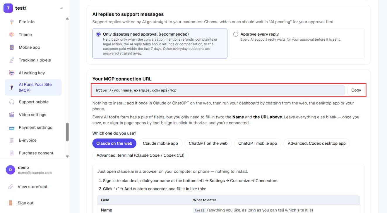 Settings → AI Runs Your Site (MCP): copy "Your MCP connection URL"