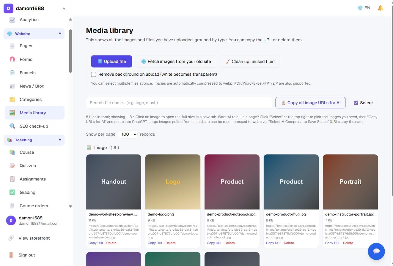 The media library: upload, import and background-removal options on top; a searchable, multi-select thumbnail grid below