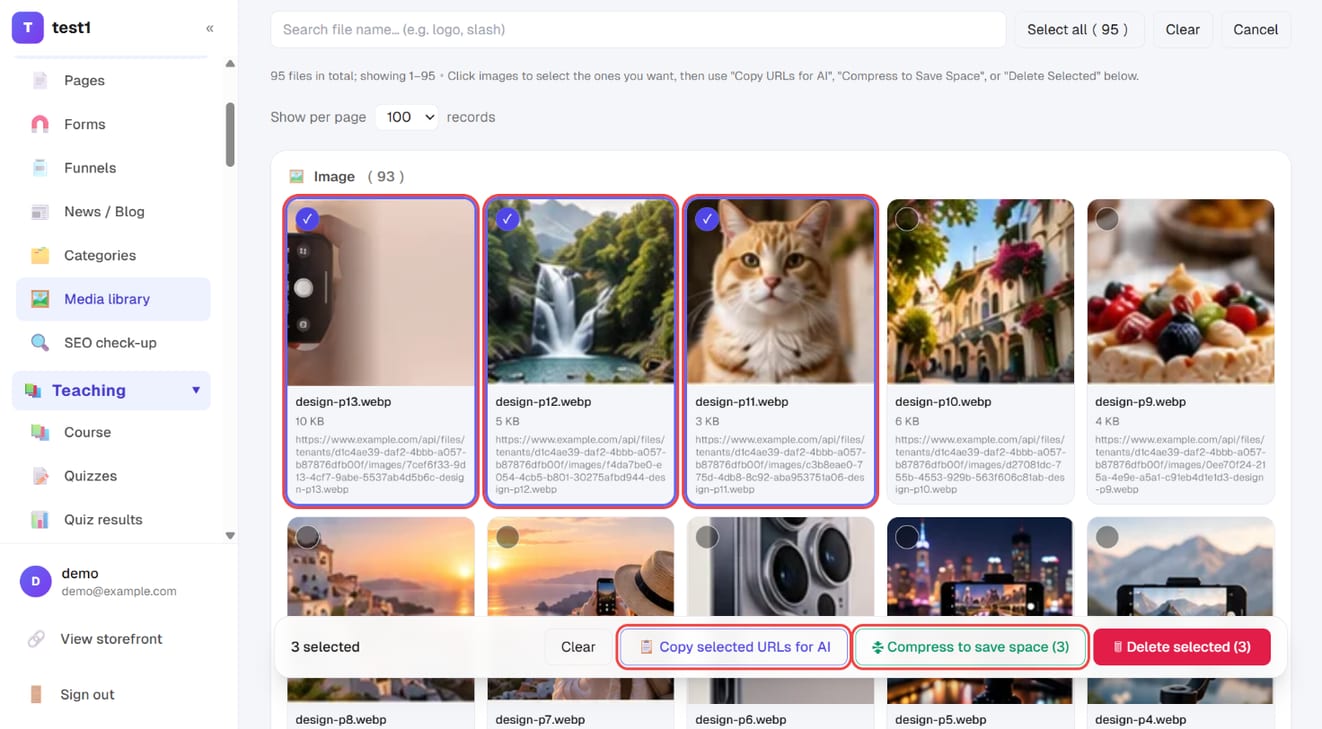 After clicking "Select" and picking images, the bar offers "Copy selected URLs for AI" and "Compress to save space"