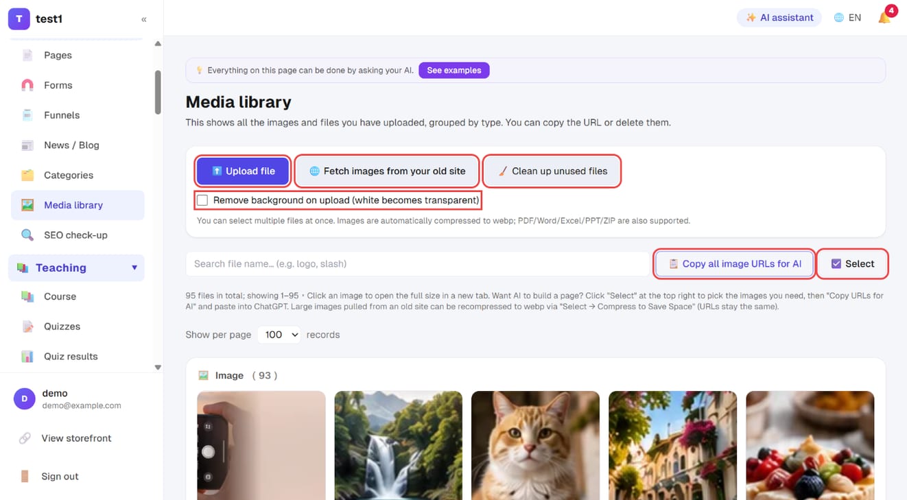 Website → Media library: upload file, fetch images from your old site, clean up unused files, remove background, copy all image URLs for AI and Select