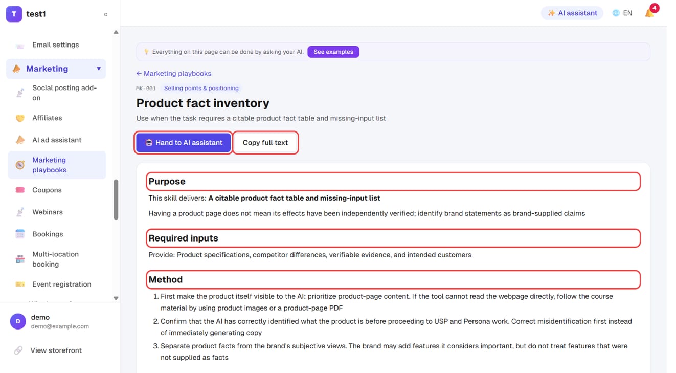 A method page: "Hand to AI assistant", "Copy full text", then Purpose, Required inputs and Method